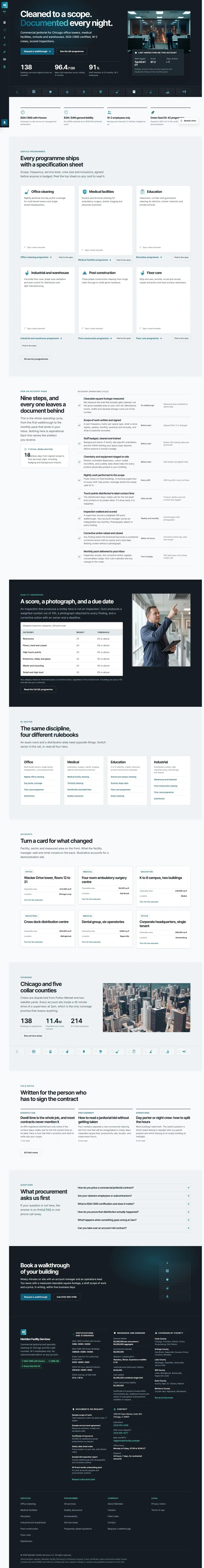 The home page of the Meridian Facility Services cleaning website design