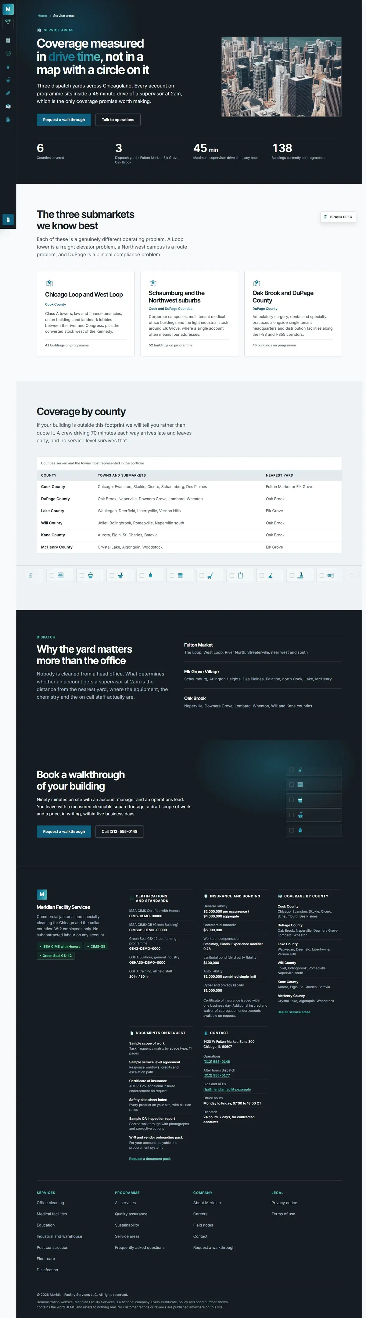 The service areas page of the Meridian Facility Services cleaning website design
