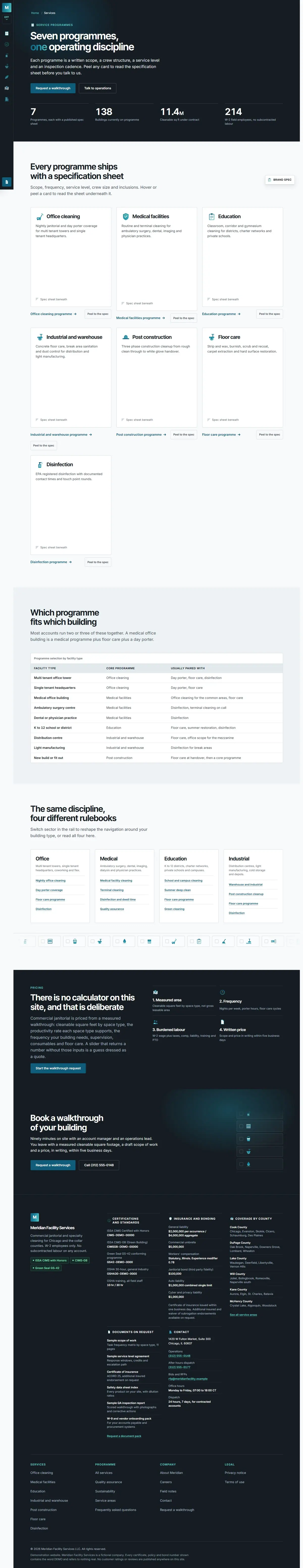 The services page of the Meridian Facility Services cleaning website design