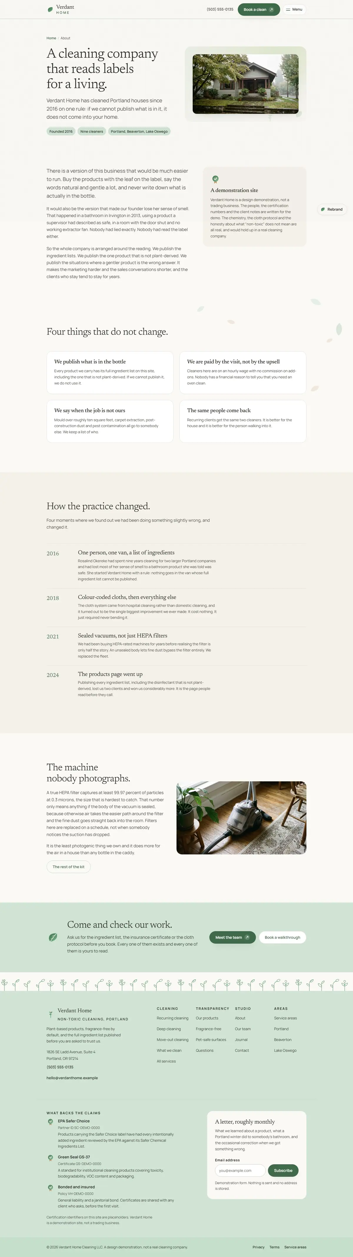 The about page of the Verdant Home cleaning website design