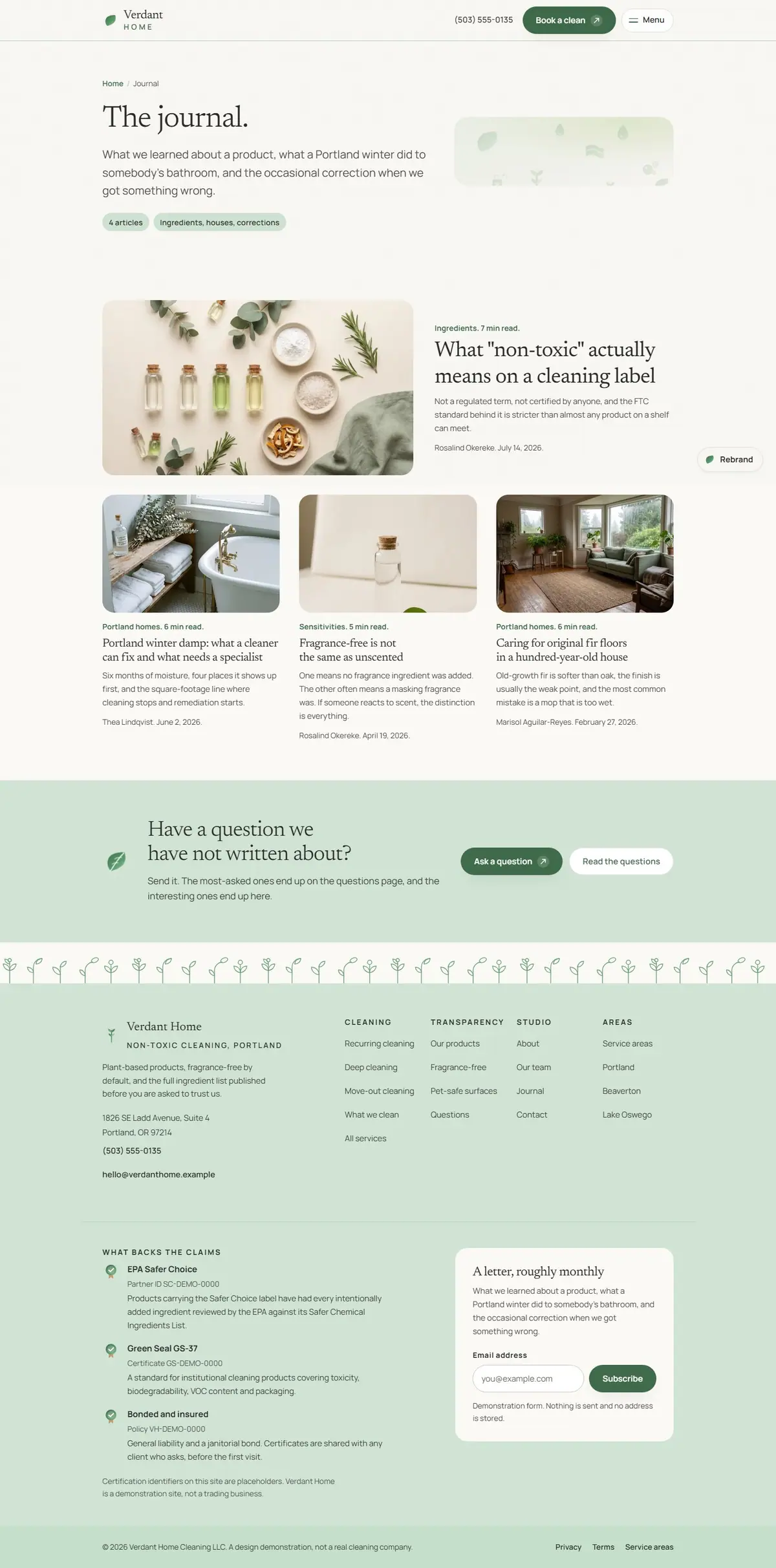 The blog page of the Verdant Home cleaning website design