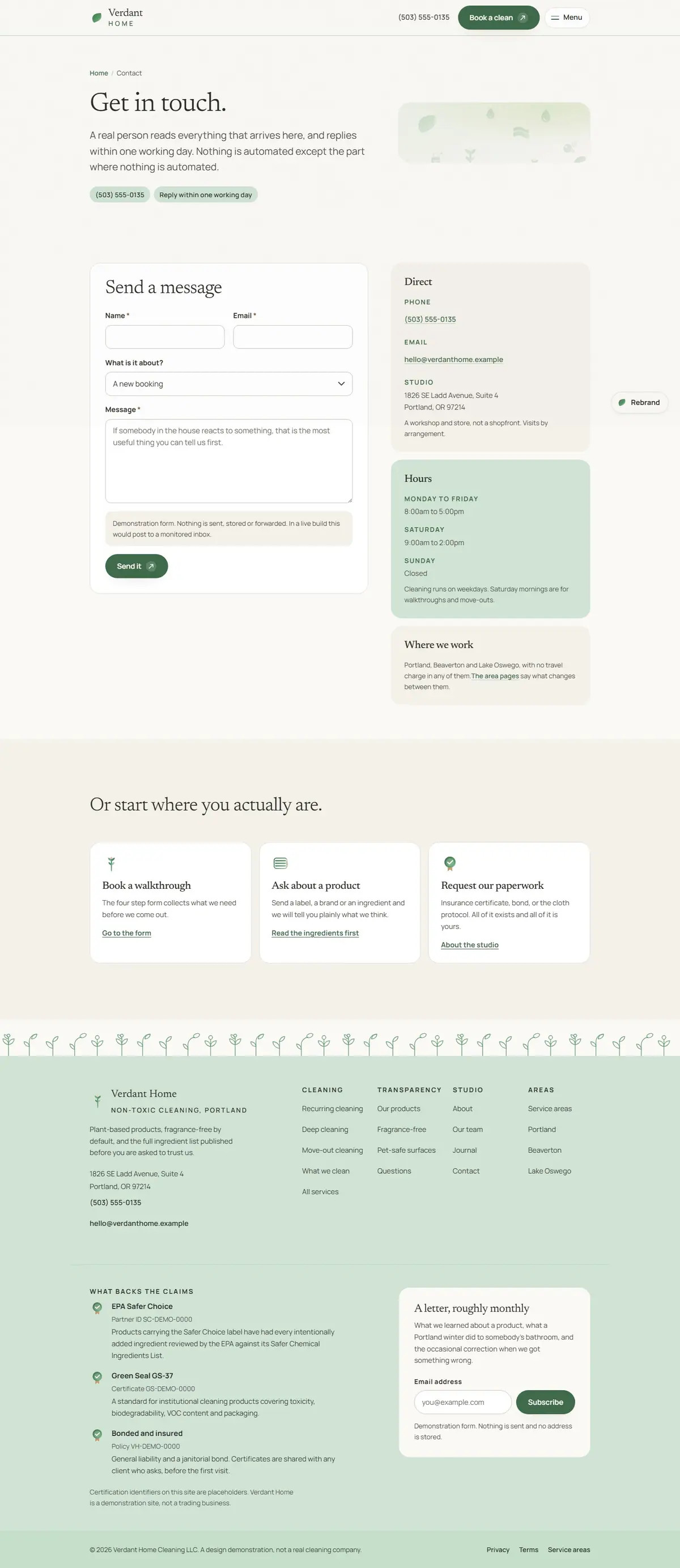 The contact page of the Verdant Home cleaning website design