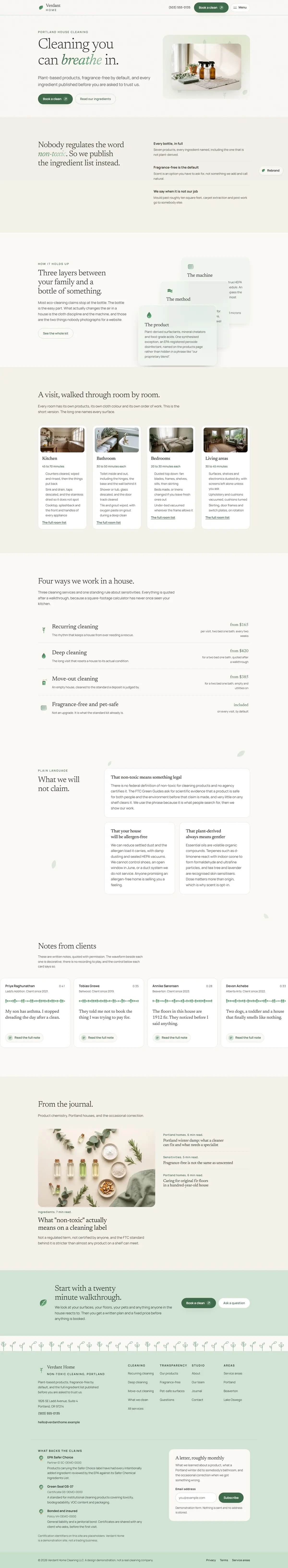 The home page of the Verdant Home cleaning website design