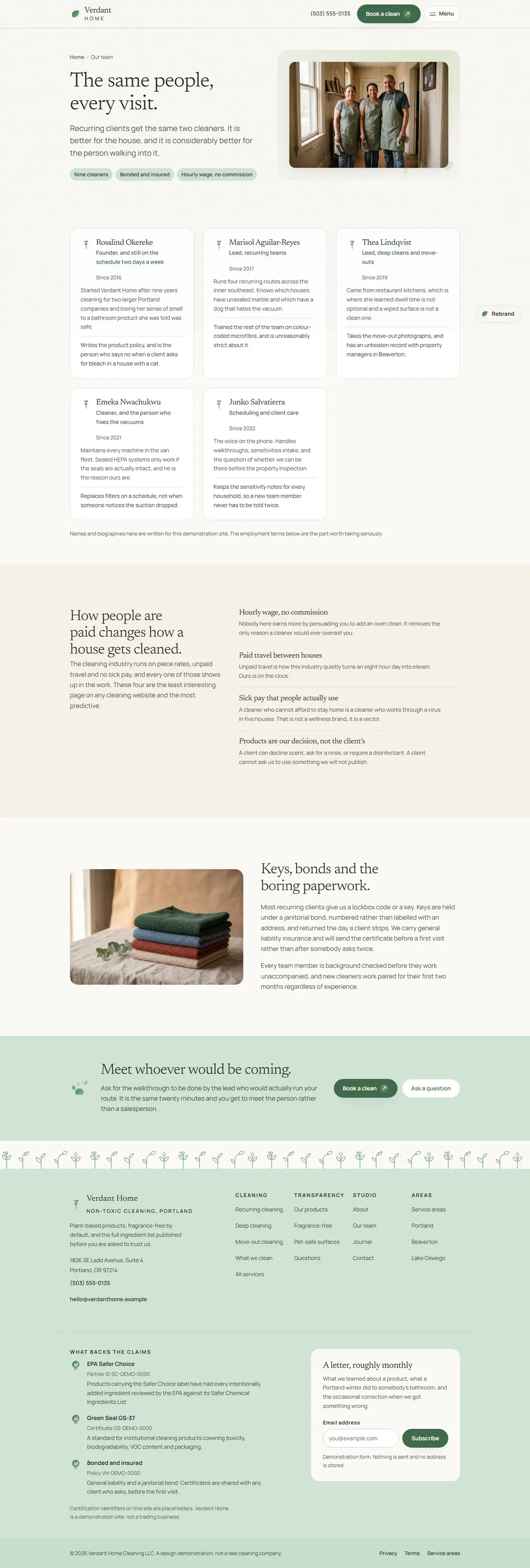 The our team page of the Verdant Home cleaning website design