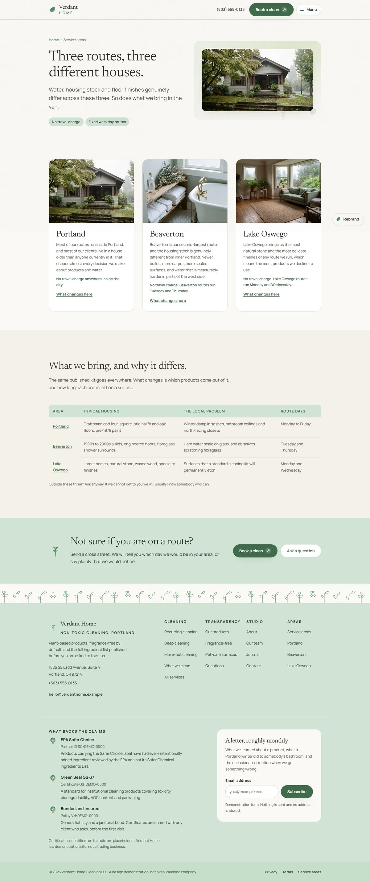 The service areas page of the Verdant Home cleaning website design