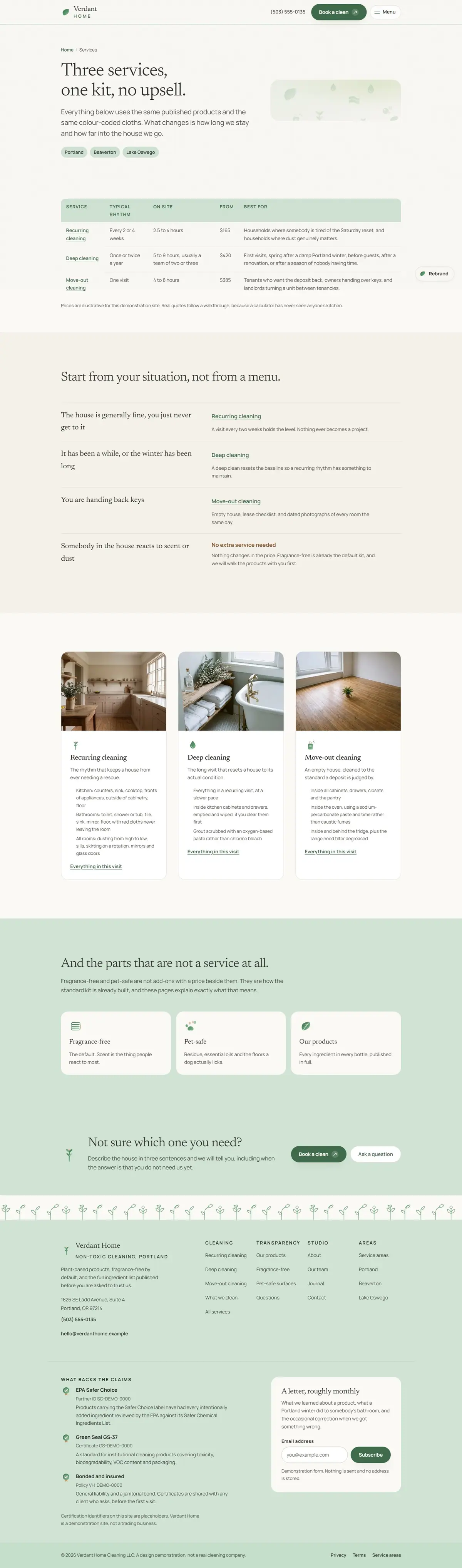 The services page of the Verdant Home cleaning website design