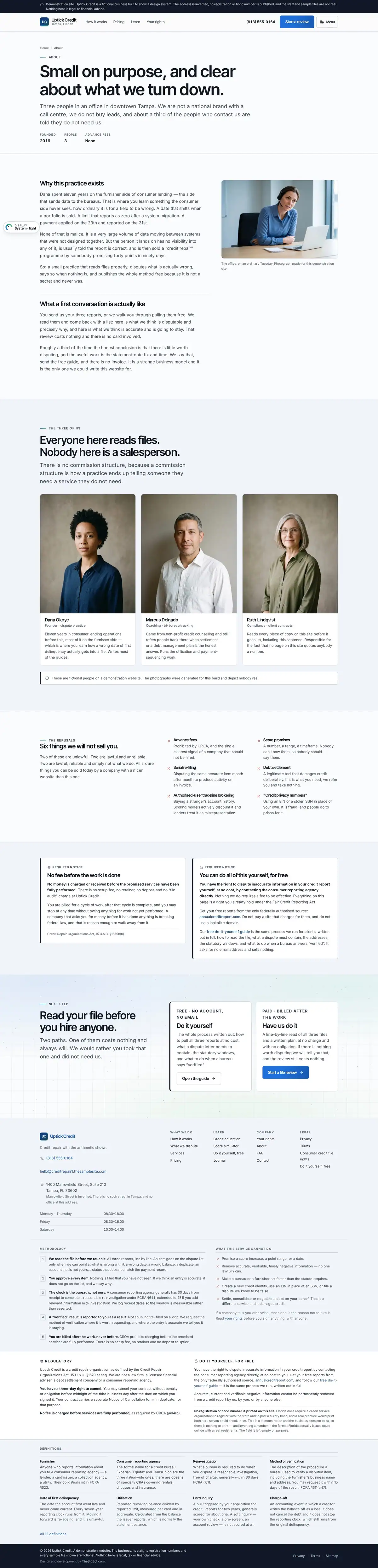 The about page of the Uptick Credit credit repair website design