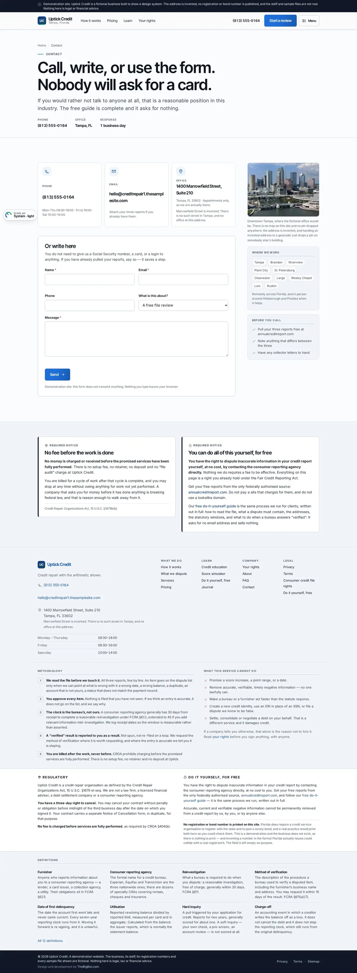 The contact page of the Uptick Credit credit repair website design