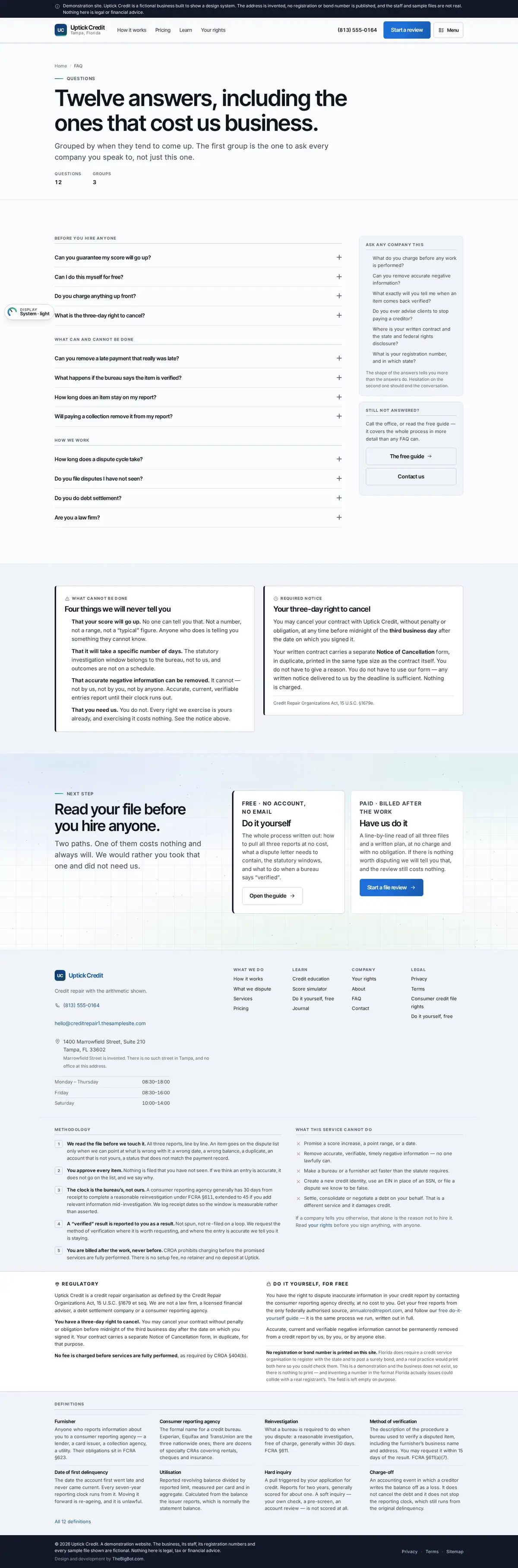 The faq page of the Uptick Credit credit repair website design