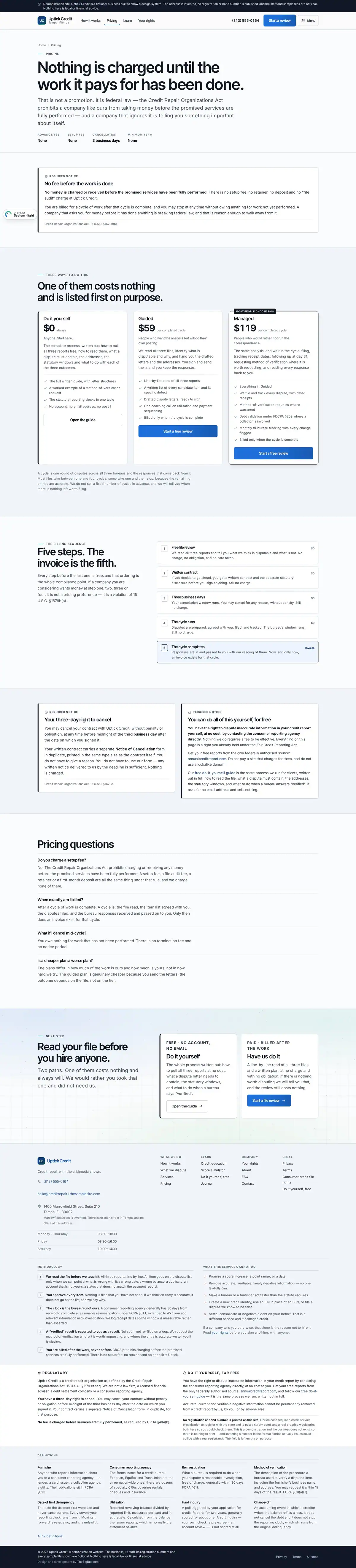 The pricing page of the Uptick Credit credit repair website design