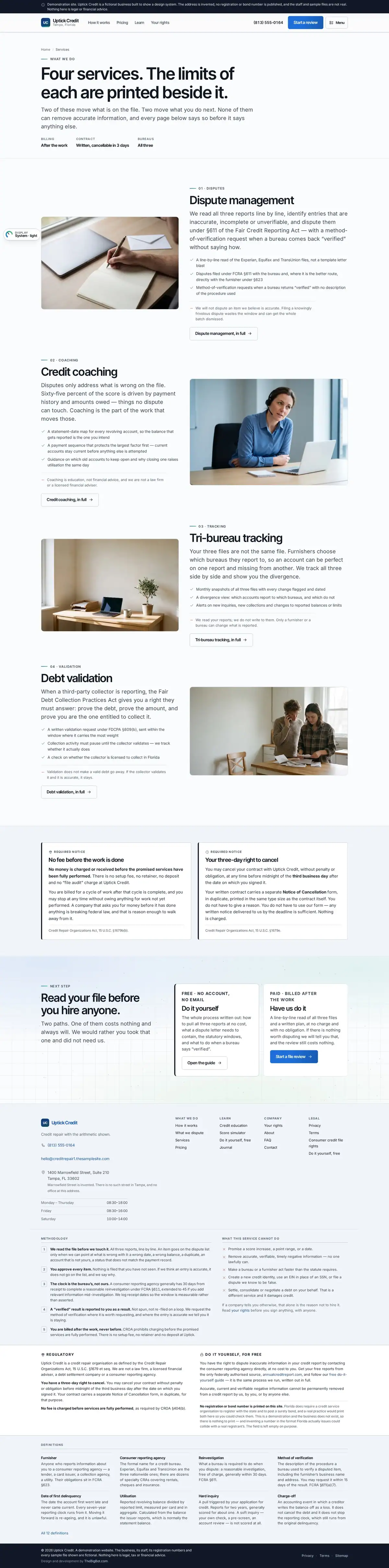 The services page of the Uptick Credit credit repair website design