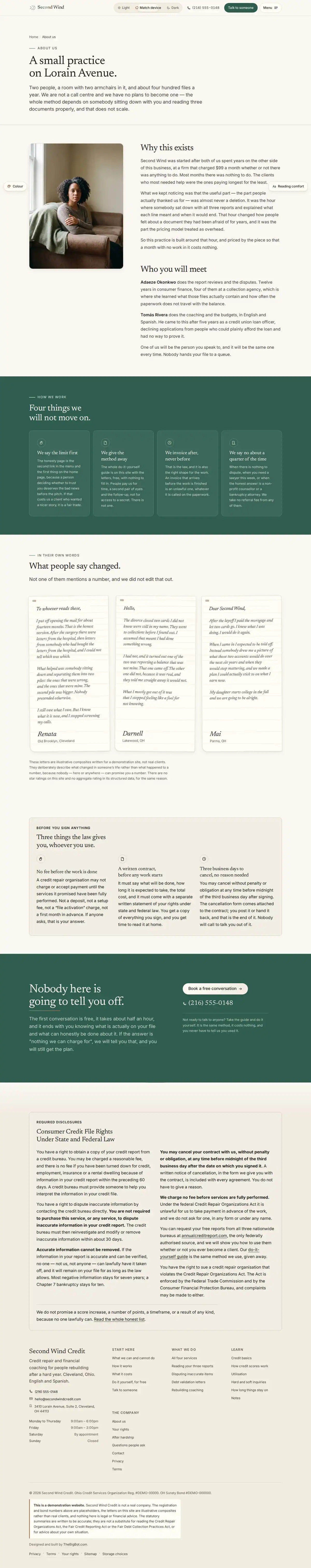 The about page of the Second Wind Credit credit repair website design