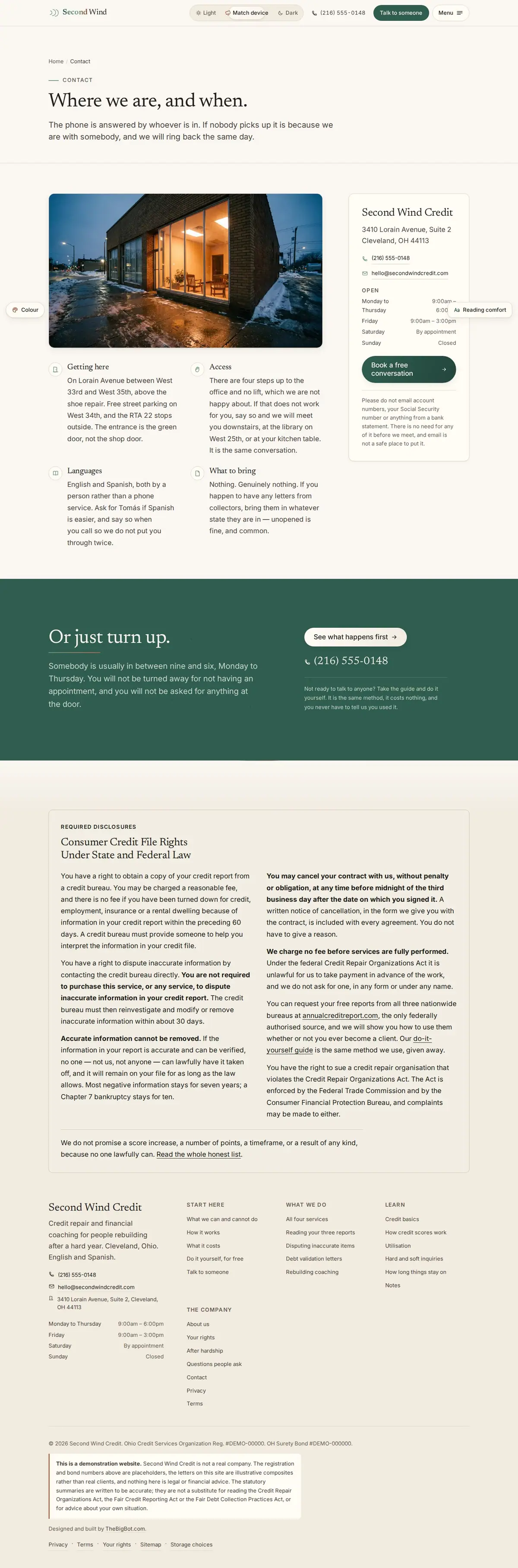 The contact page of the Second Wind Credit credit repair website design
