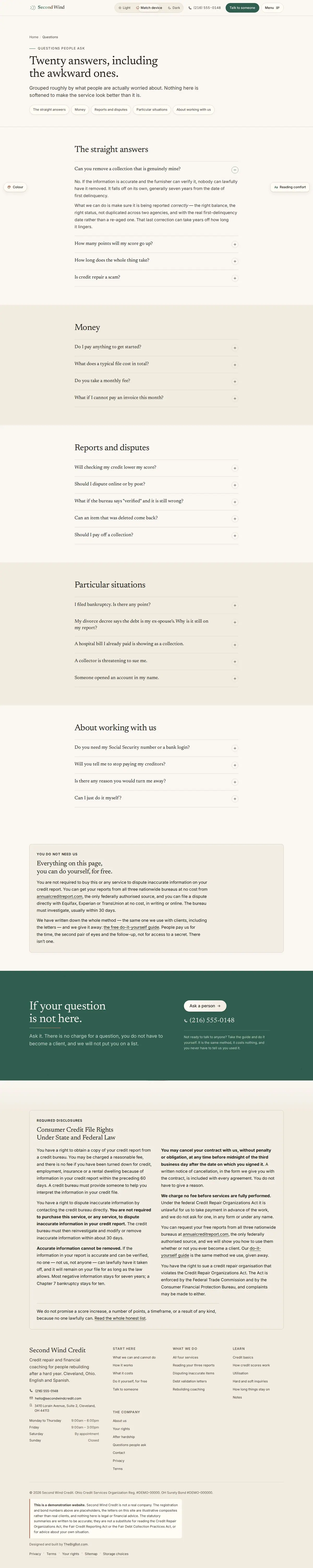 The faq page of the Second Wind Credit credit repair website design