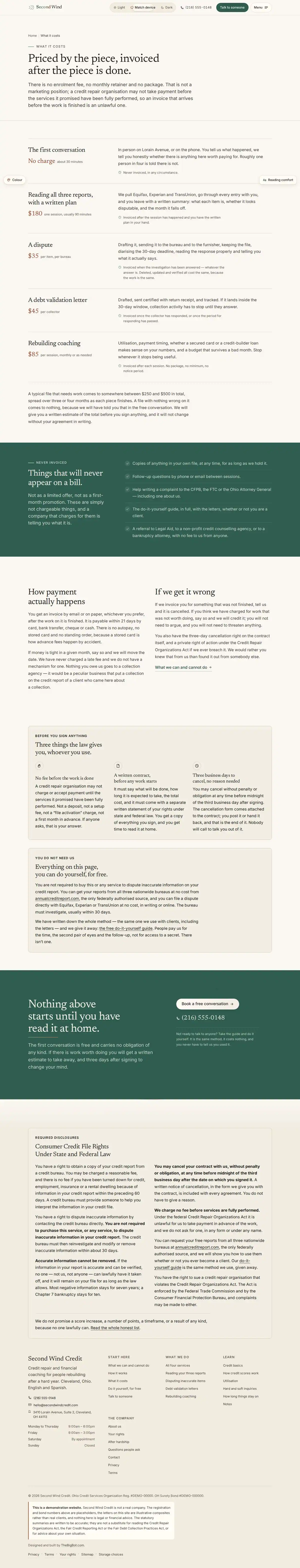 The pricing page of the Second Wind Credit credit repair website design