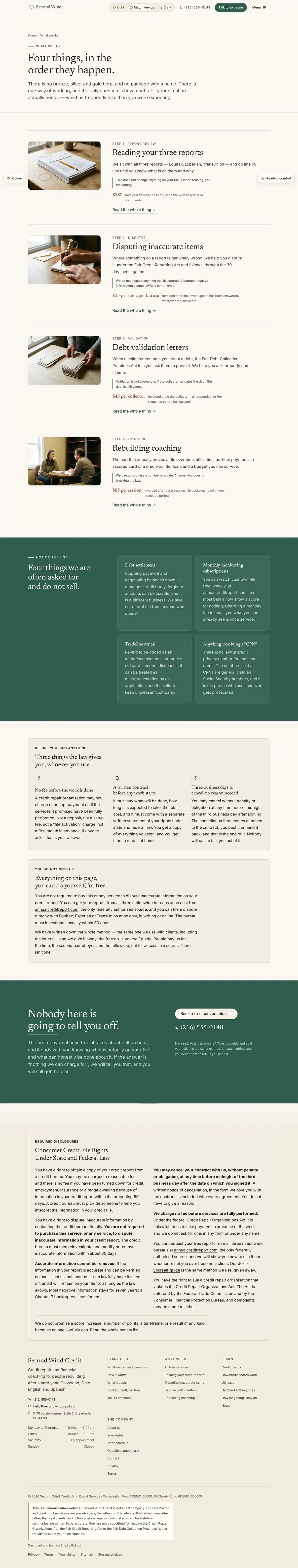 The services page of the Second Wind Credit credit repair website design