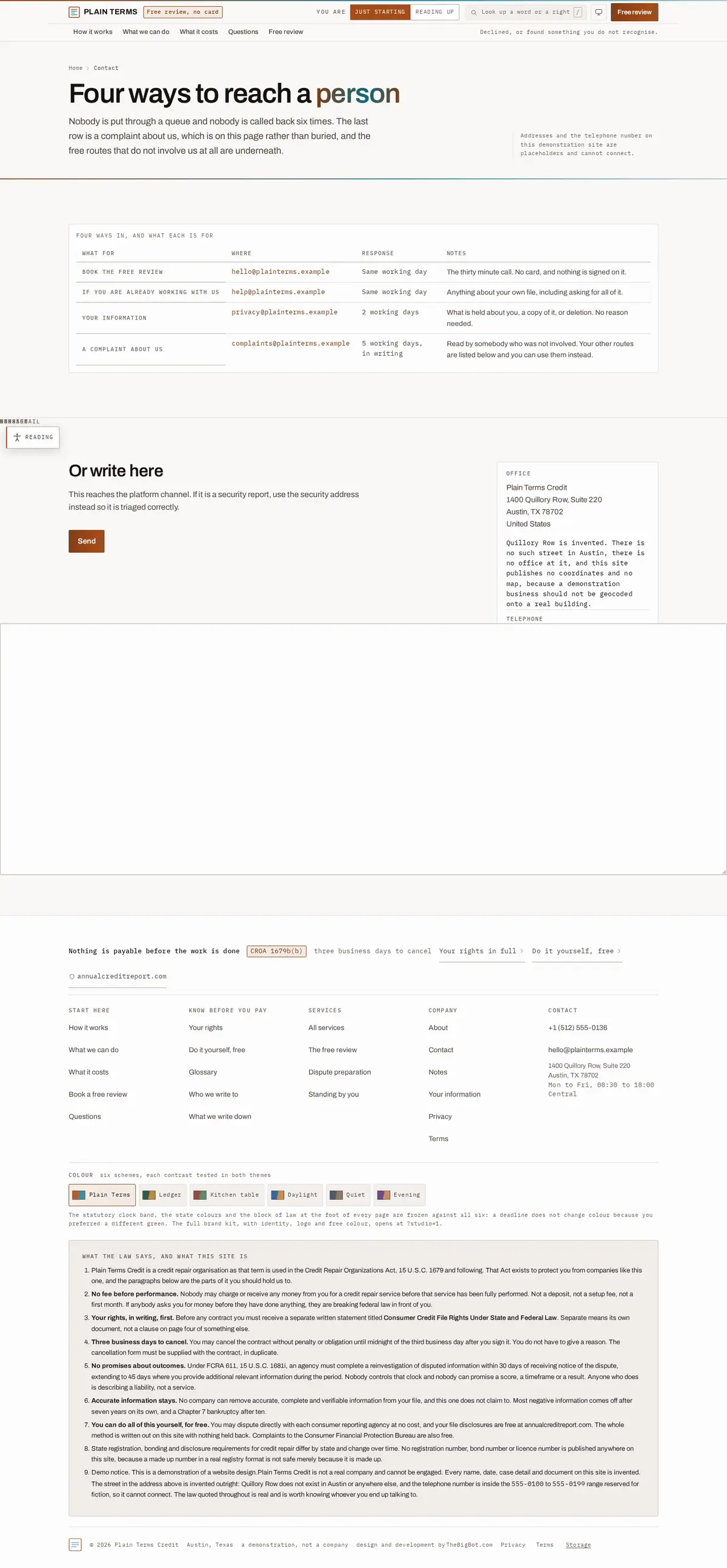 The contact page of the Underwrite credit repair website design