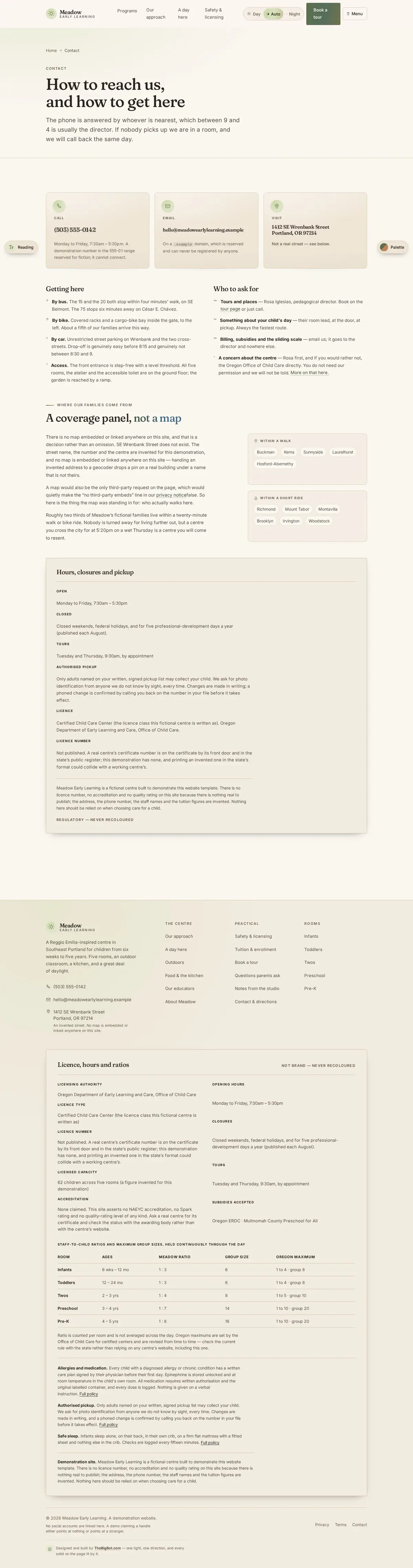 The contact page of the Meadow Early Learning daycare & early learning website design
