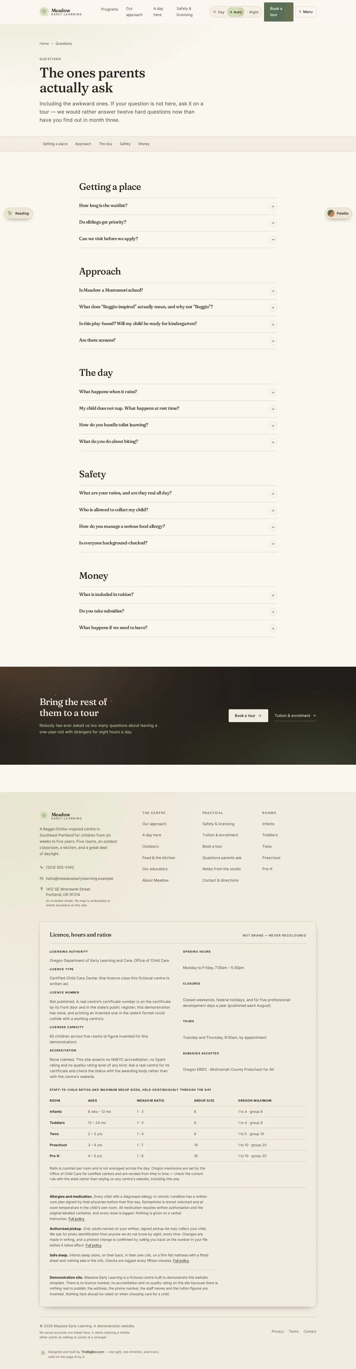 The faq page of the Meadow Early Learning daycare & early learning website design