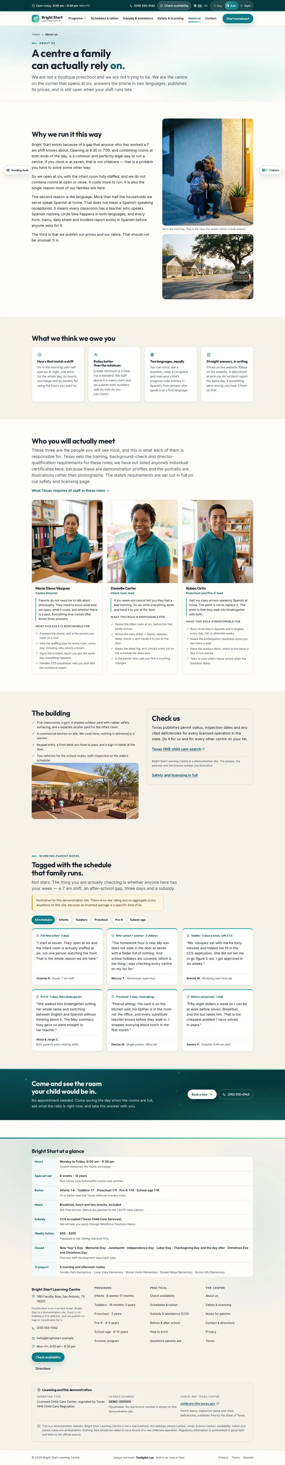 The about page of the Bright Start Learning Centre daycare & early learning website design