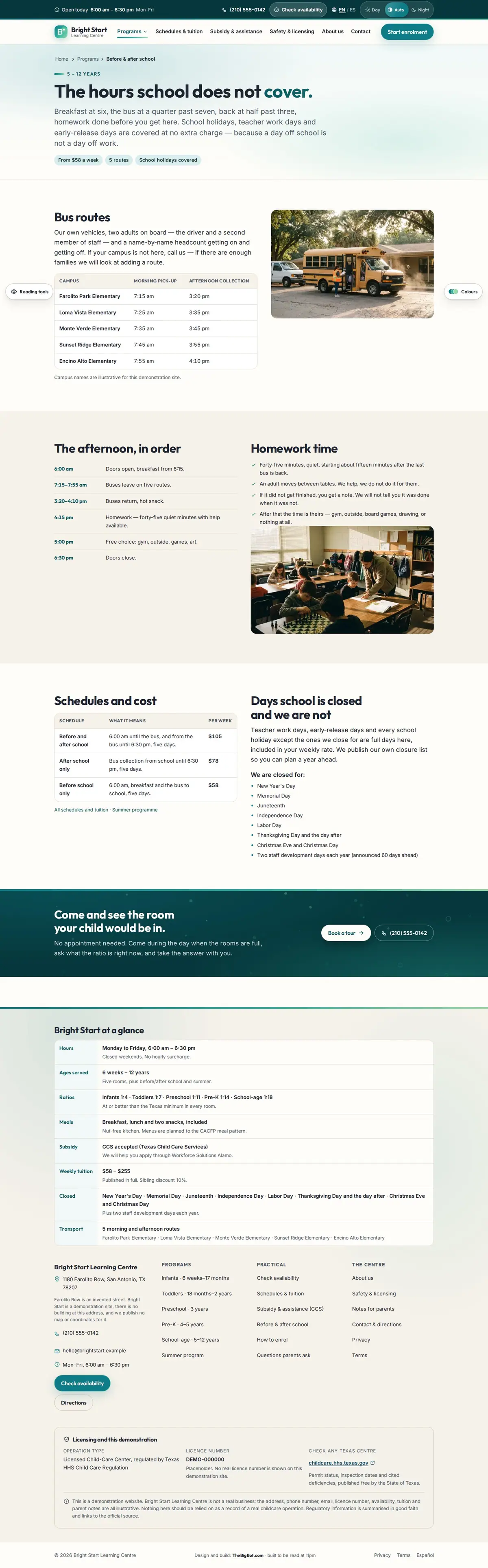 The before after school page of the Bright Start Learning Centre daycare & early learning website design