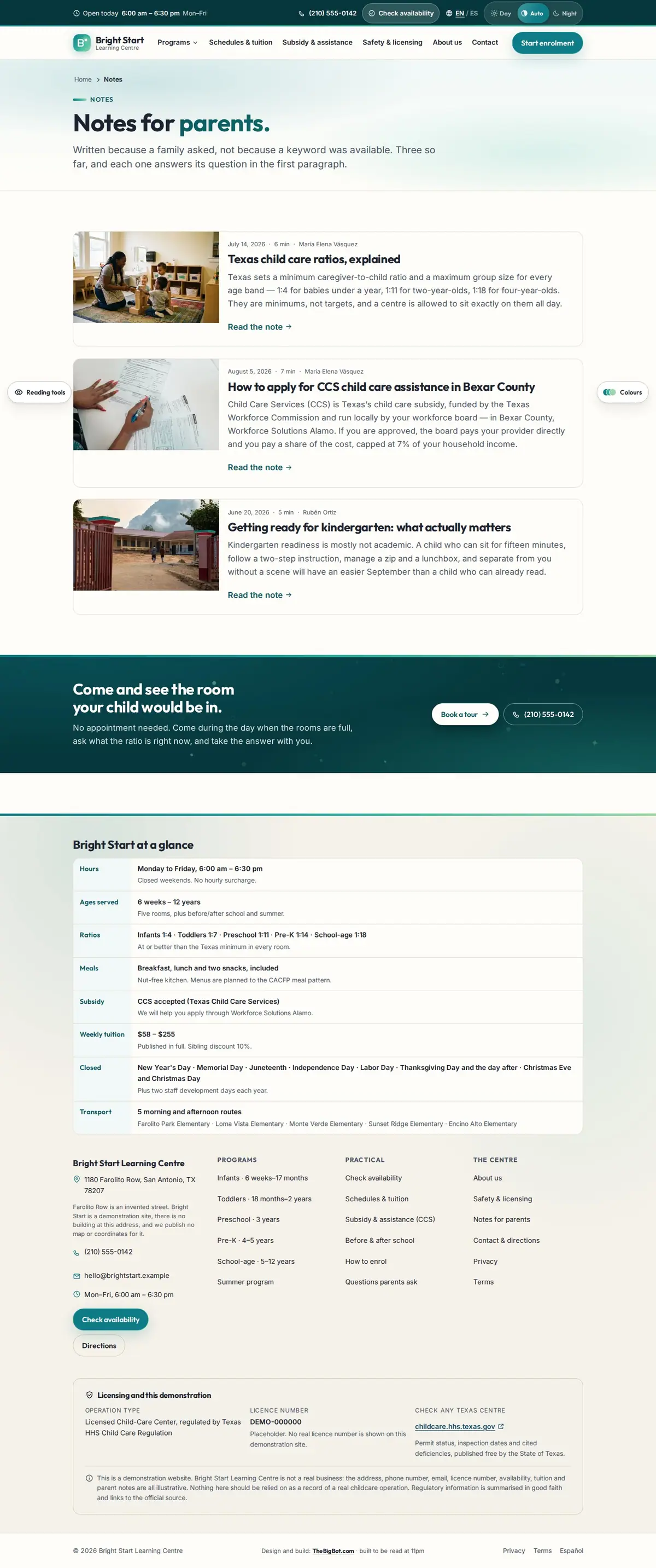 The blog page of the Bright Start Learning Centre daycare & early learning website design