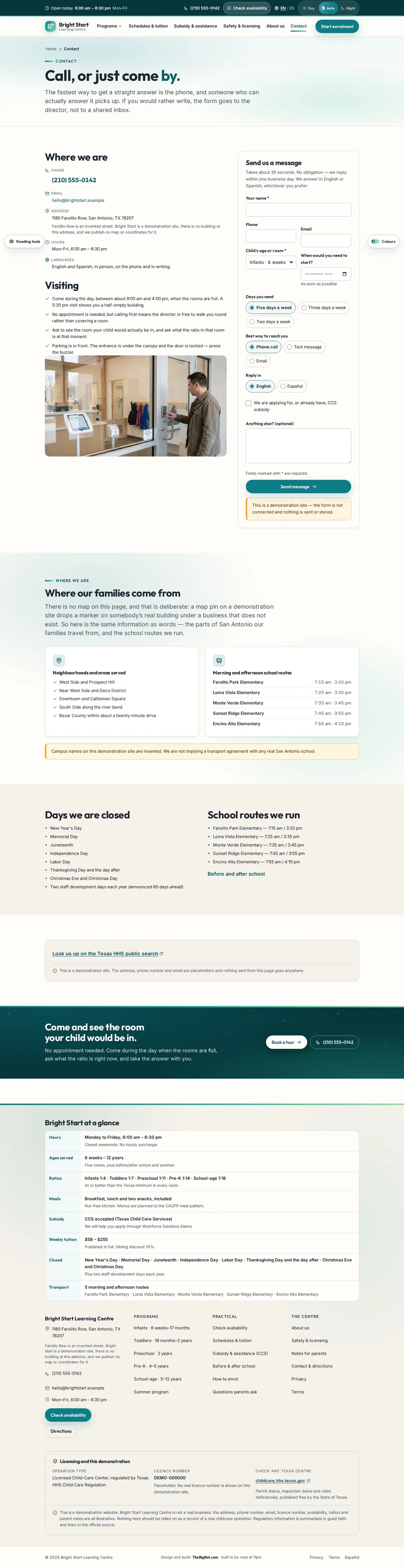 The contact page of the Bright Start Learning Centre daycare & early learning website design