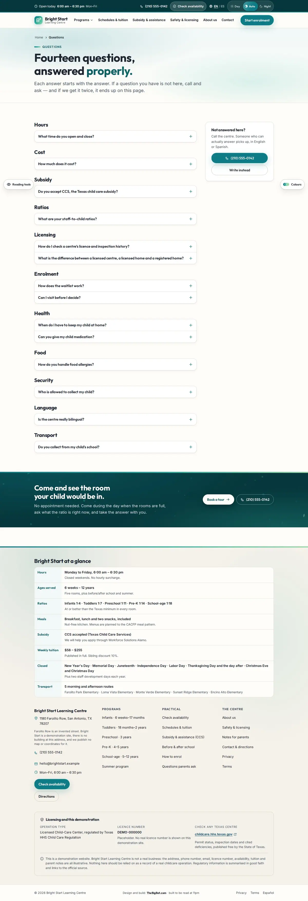 The faq page of the Bright Start Learning Centre daycare & early learning website design