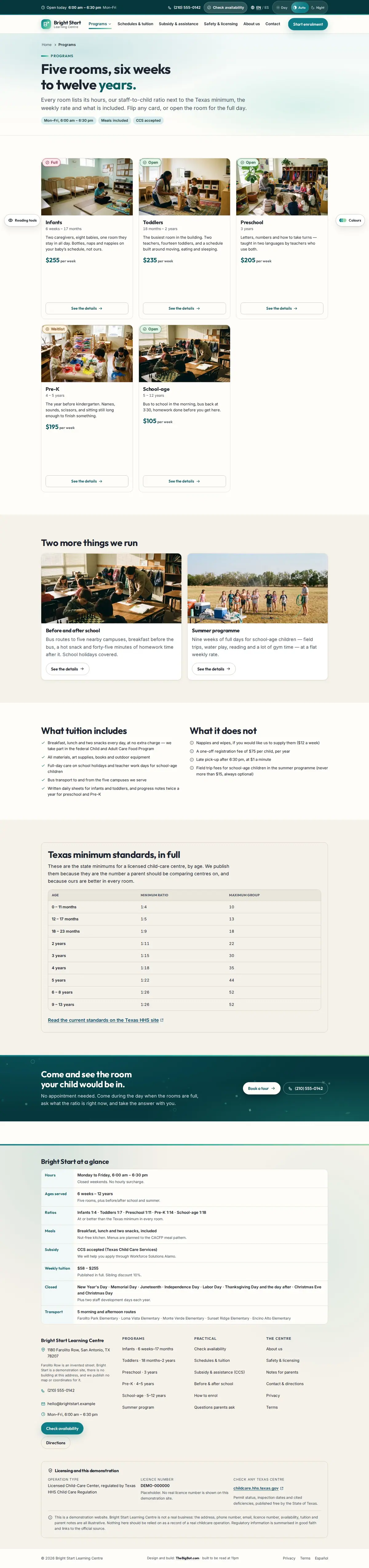 The programs page of the Bright Start Learning Centre daycare & early learning website design