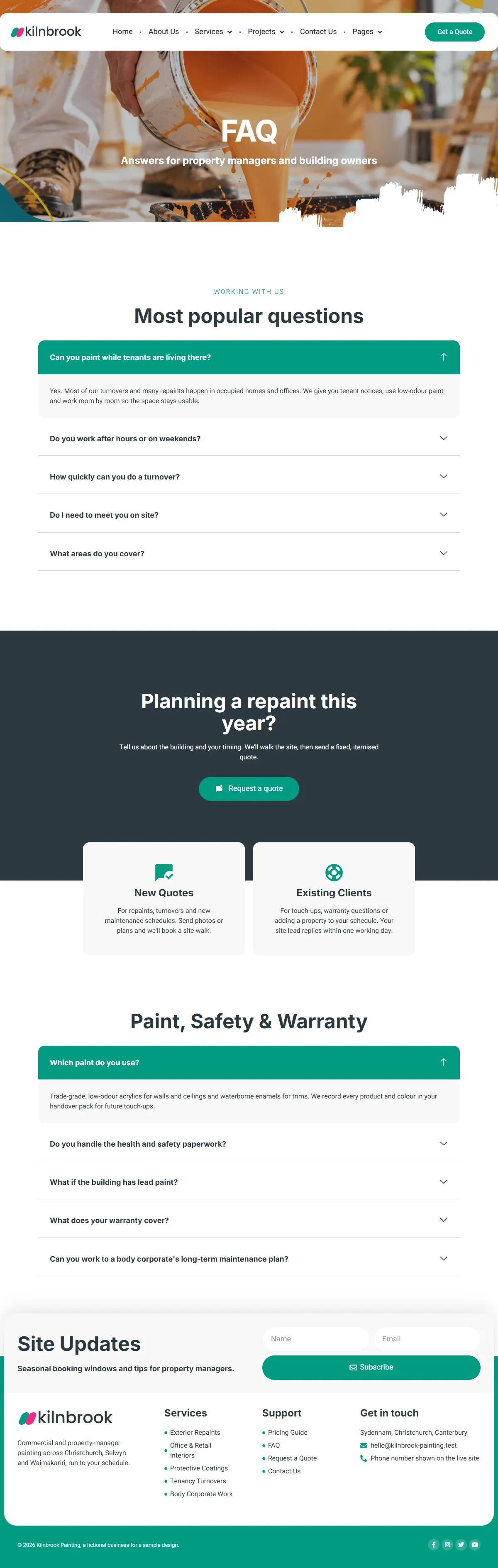 The faq page of the Kilnbrook Painting painting website design