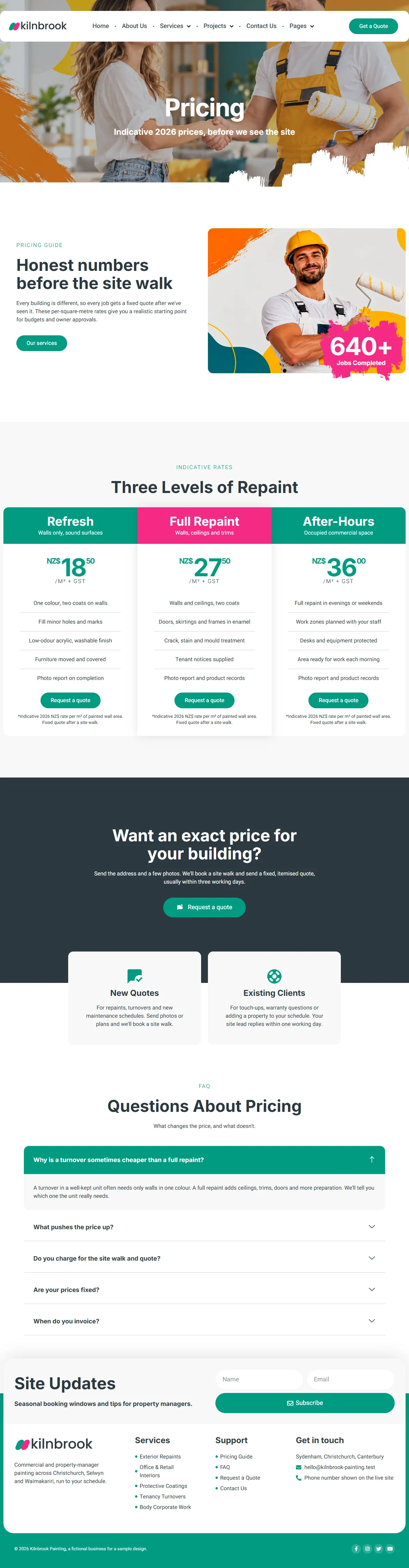 The pricing page of the Kilnbrook Painting painting website design