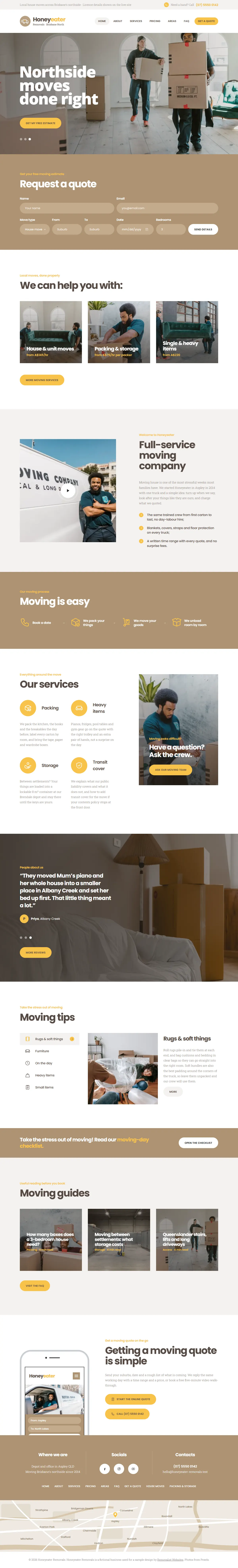 The home page of the Honeyeater Removals removalists website design