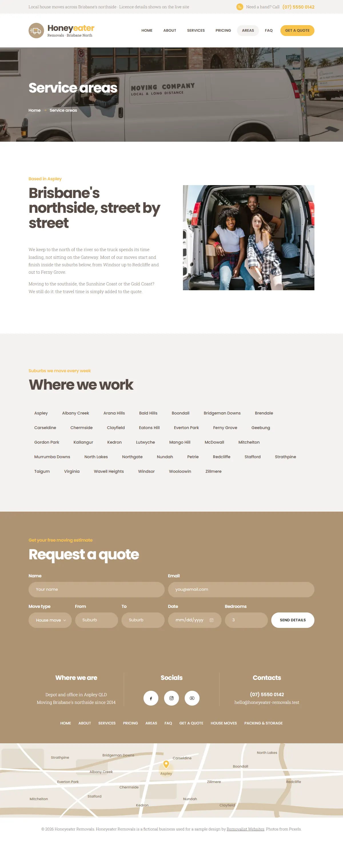 The service areas page of the Honeyeater Removals removalists website design