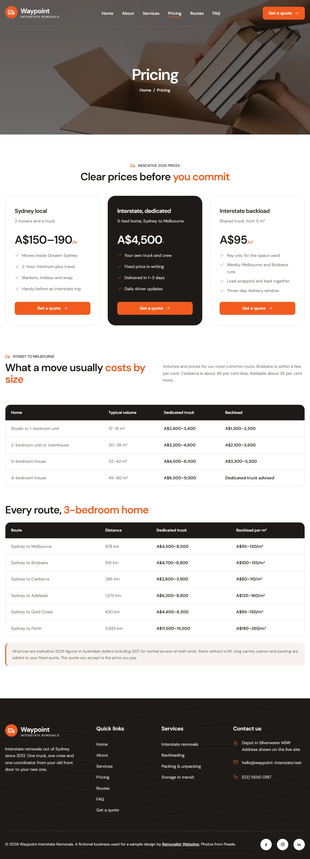The pricing page of the Waypoint Interstate Removals removalists website design