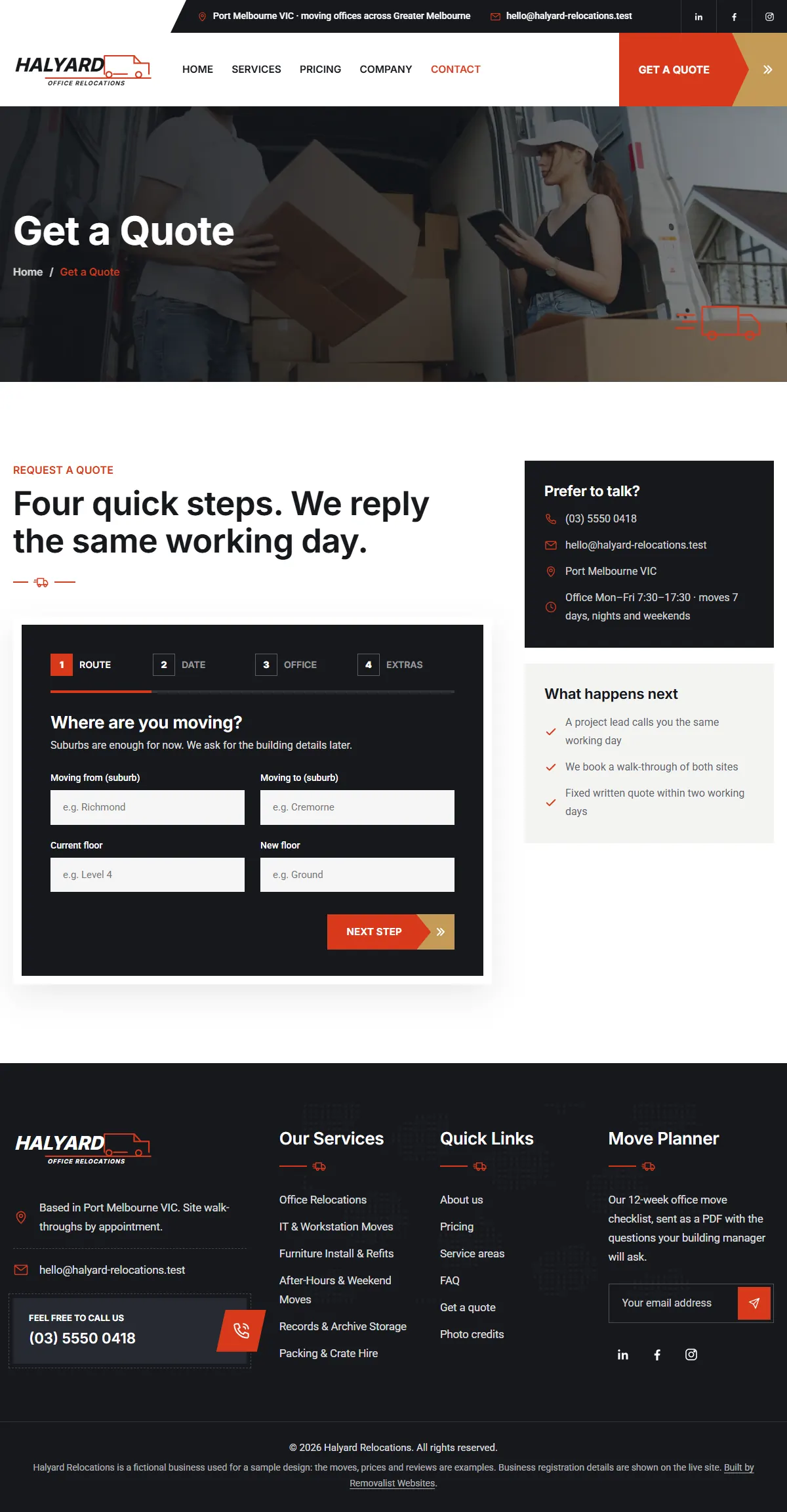 The get a quote page of the Halyard Relocations removalists website design