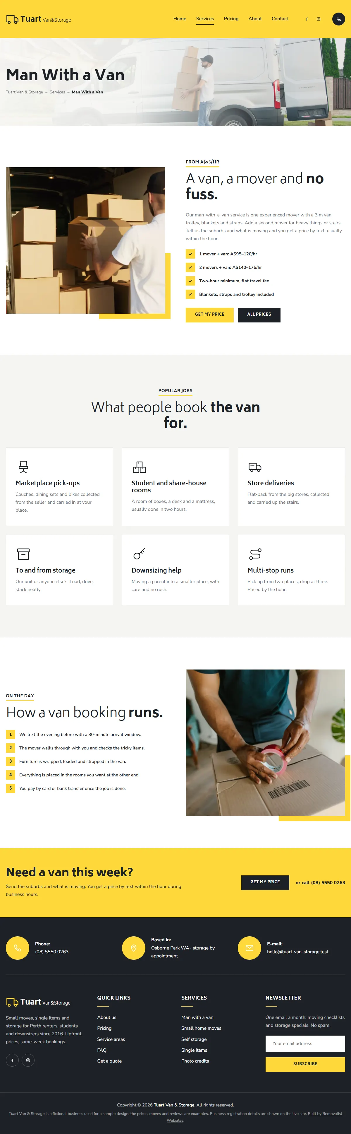 The man with a van page of the Tuart Van & Storage removalists website design