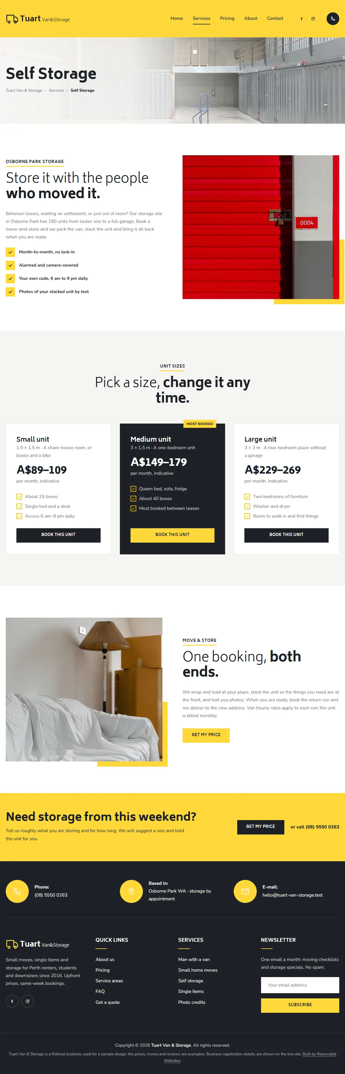 The storage page of the Tuart Van & Storage removalists website design