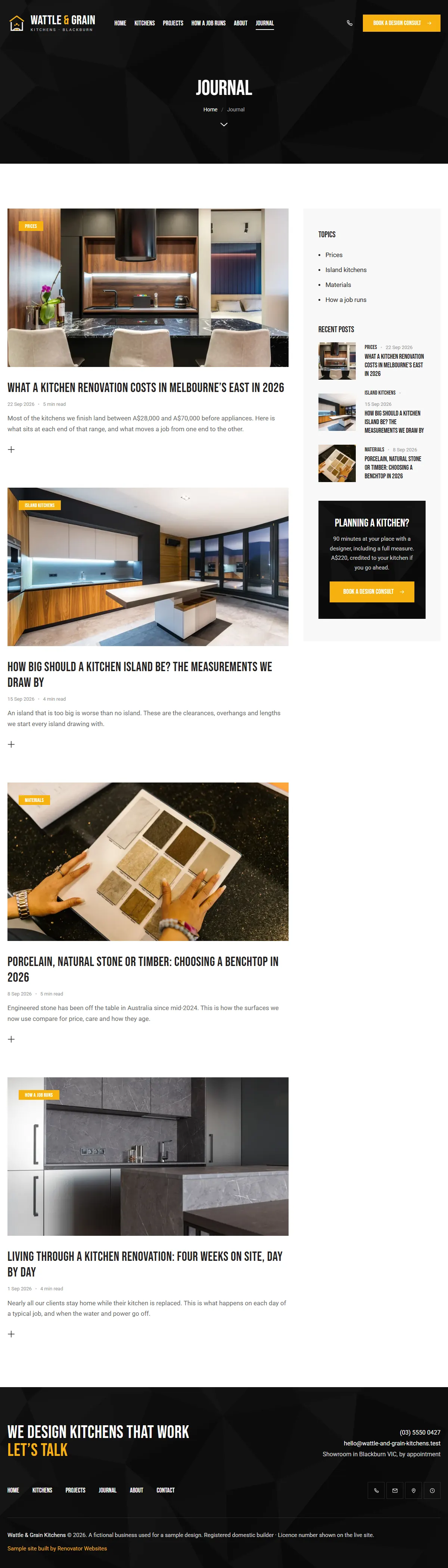 The journal page of the Wattle & Grain Kitchens renovation website design