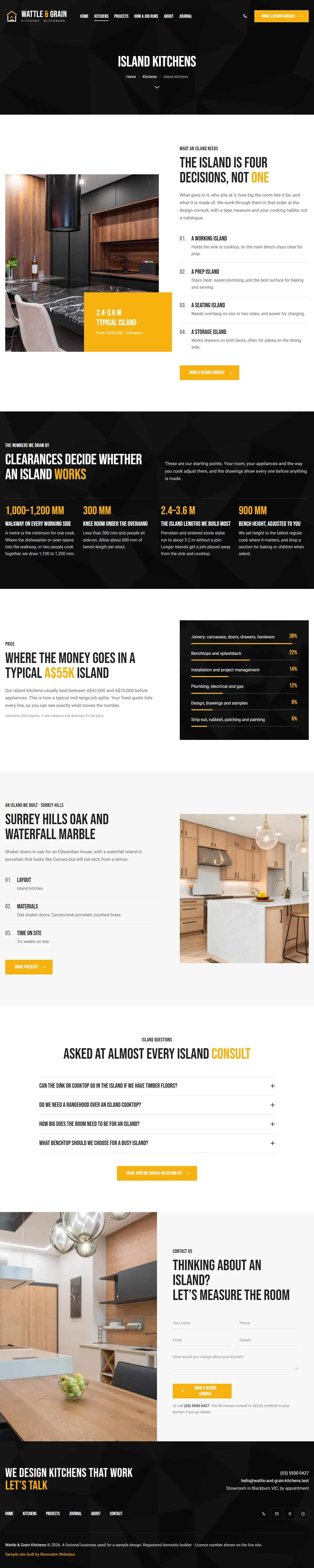 The island kitchens page of the Wattle & Grain Kitchens renovation website design
