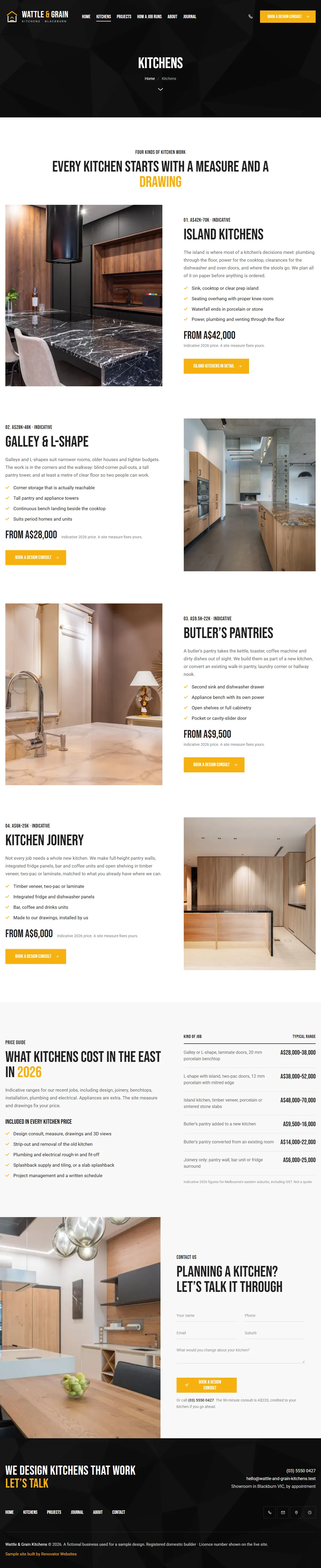 The kitchens page of the Wattle & Grain Kitchens renovation website design