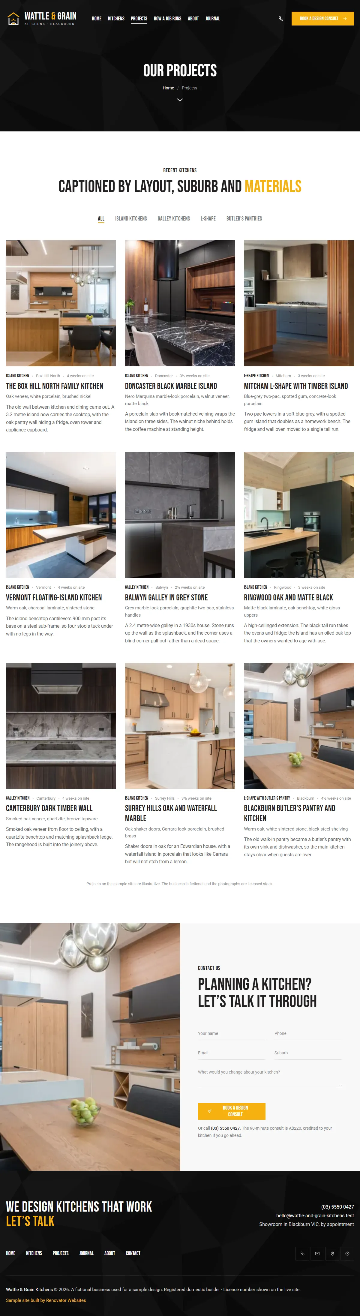 The projects page of the Wattle & Grain Kitchens renovation website design