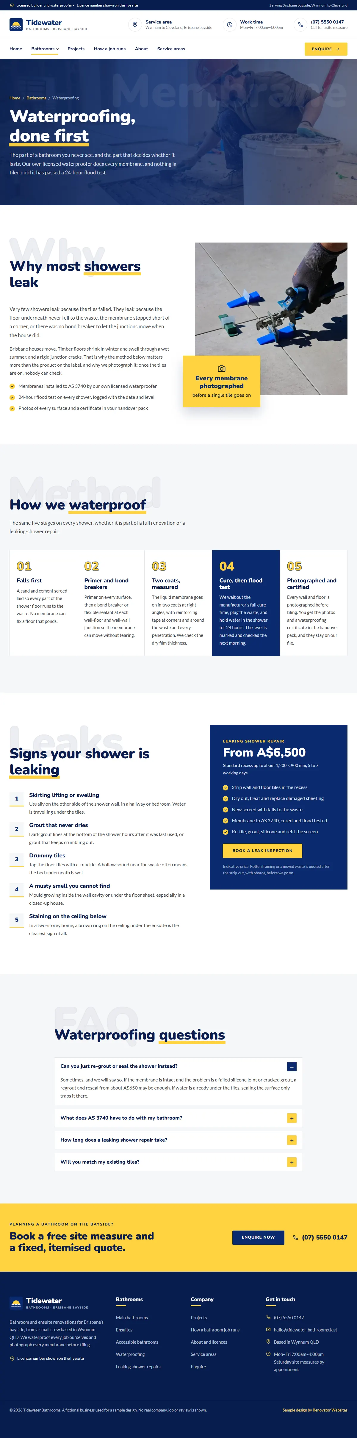 The waterproofing page of the Tidewater Bathrooms renovation website design