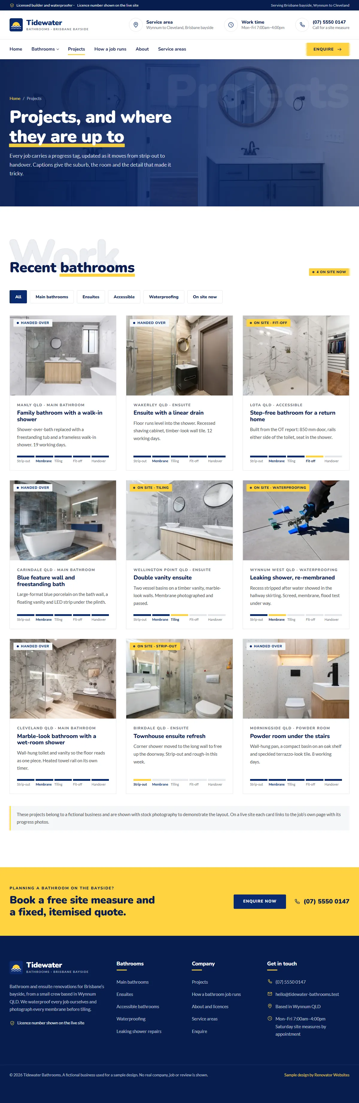 The projects page of the Tidewater Bathrooms renovation website design