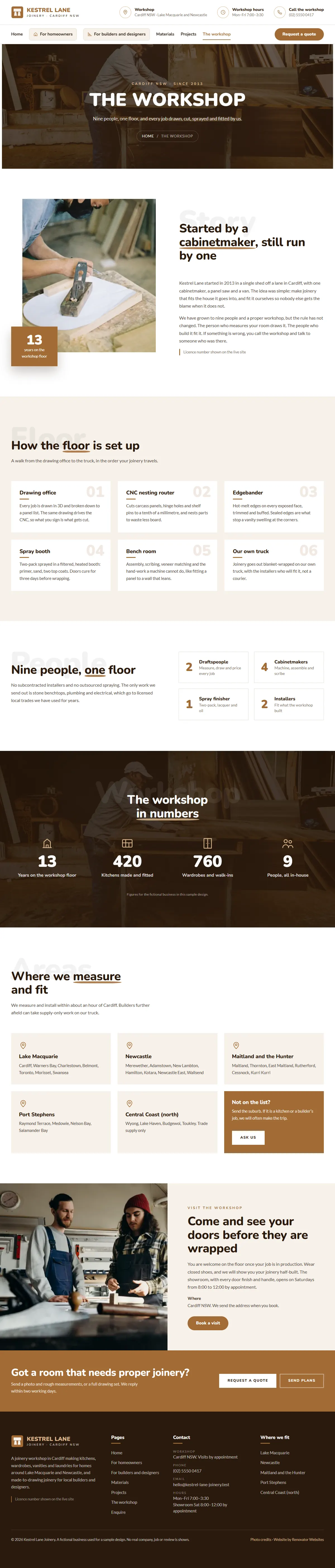 The the workshop page of the Kestrel Lane Joinery renovation website design