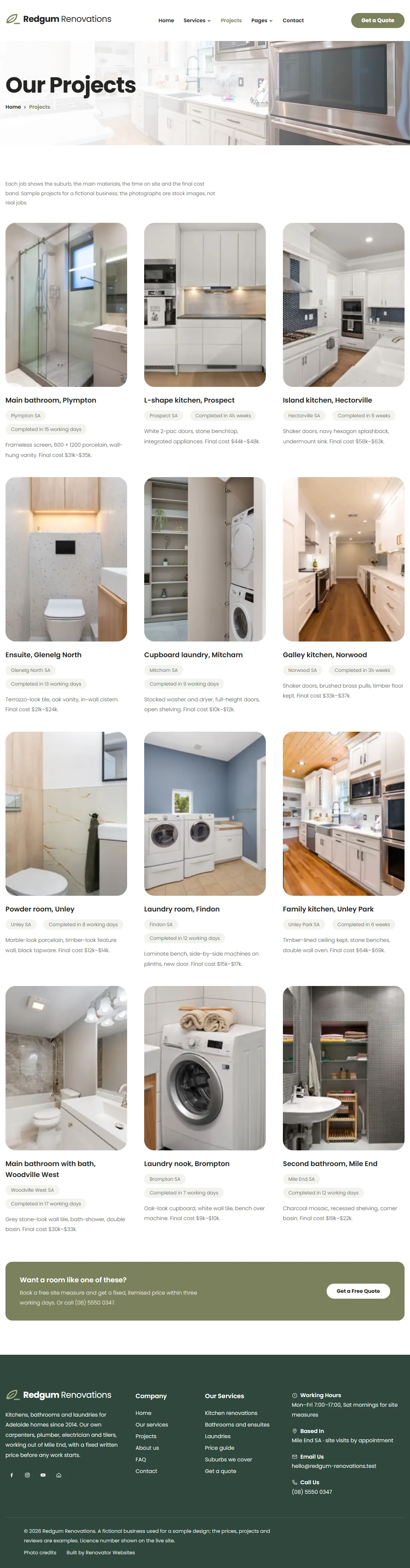 The projects page of the Redgum Renovations renovation website design