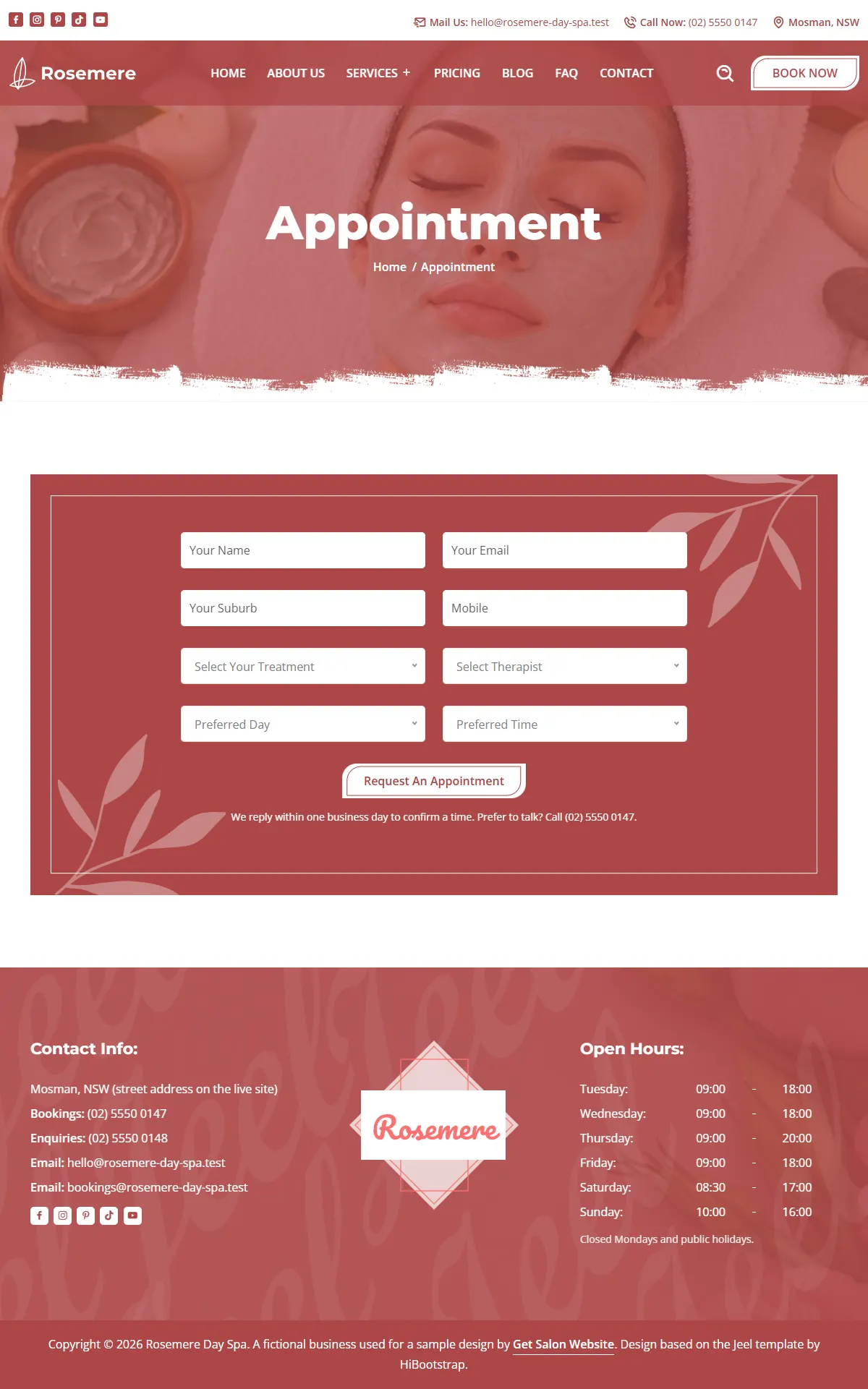 The book page of the Rosemere Day Spa salons & spas website design