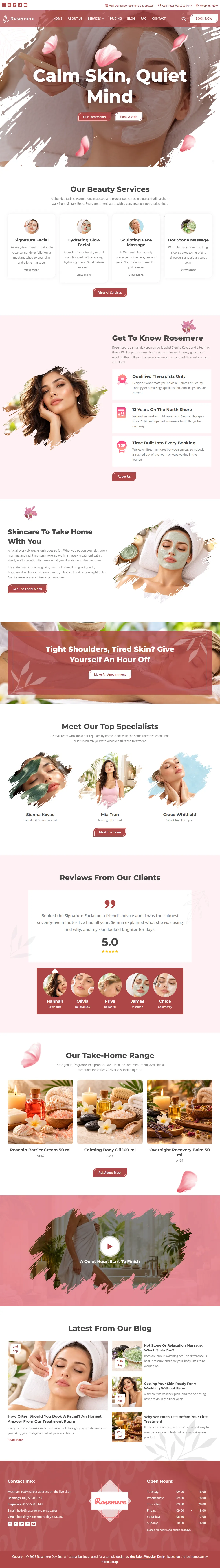 The home page of the Rosemere Day Spa salons & spas website design