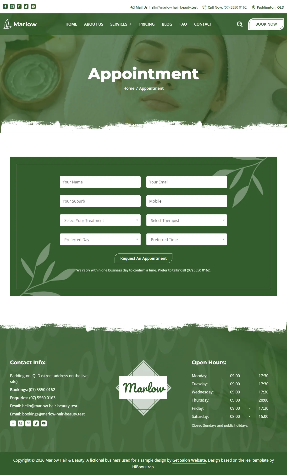 The book page of the Marlow Hair & Beauty salons & spas website design