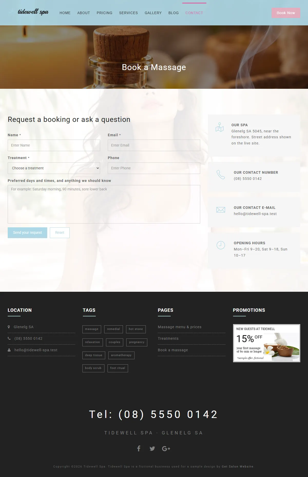 The contact page of the Tidewell Spa salons & spas website design