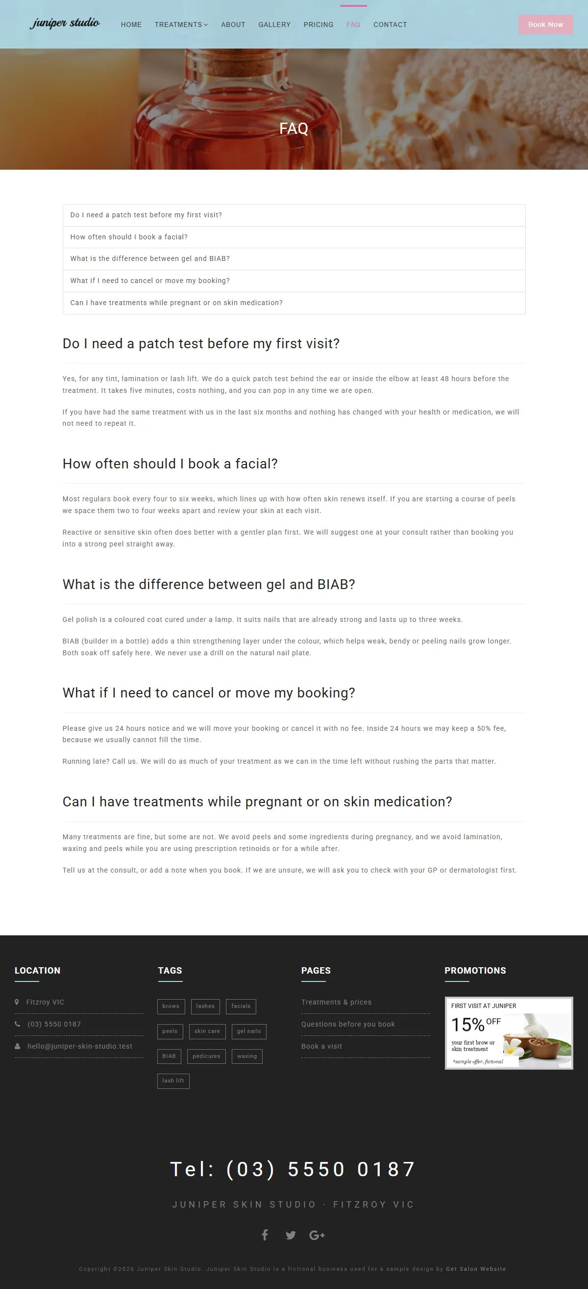 The faq page of the Juniper Skin Studio salons & spas website design